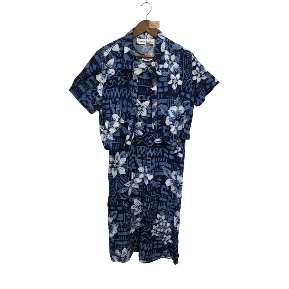 Vintage 90s Liz Baker 2 Piece Set Tropical Floral‎ Dress and Crop Jacket Blue 14